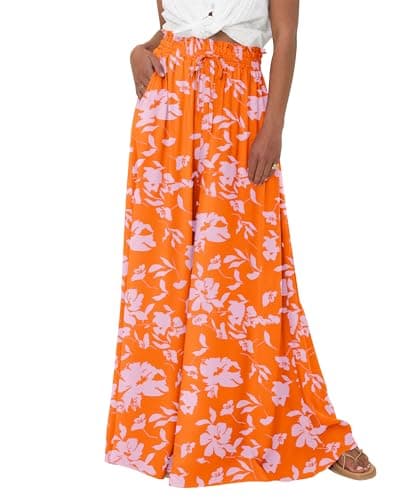 BTFBM Women Casual High Waist Wide Leg Pants 2026 Spring Summer Long Palazzo Pants Pocket Lounge Beach Vacation Clothes(Print Orange, XX-Large) - Image 1