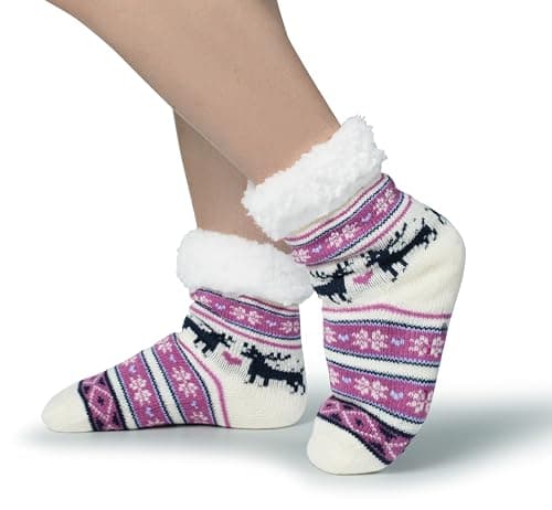 BenSorts Child Girls Christmas Slipper Socks Winter Warm Fleece Lining House Fuzzy Soft Sherpa Cozy Socks Gift Purple Reindeer Pink Bunny 2 Pairs 8 9 10 11 12 Years - Thumbnail 5