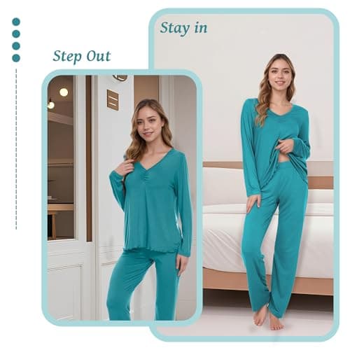 Navisting Women's Soft Knit Pajamas Set V-Neck Top and Pants Long Sleeve Two Piece Loungewear Elegant Wavy Hem Sleepwear with Color Options Teal M - Thumbnail 6