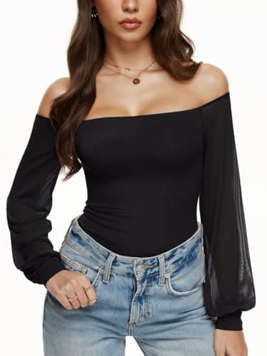 REORIA Womens Going Out Off The Shoulder Sheer Mesh Puff Long Sleeve Thong Bodysuit Tops Black Medium - Image 1