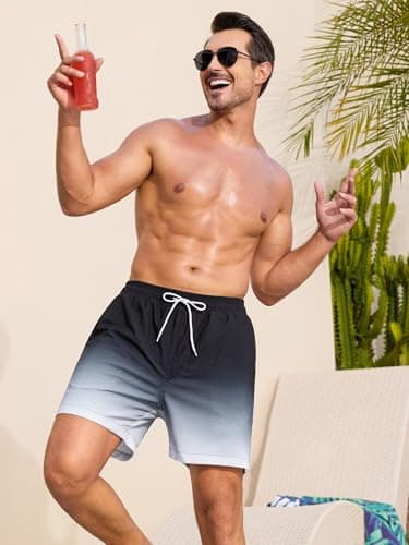 SILKWORLD Men's Swim Trunks Quick Dry Beach Shorts with Compression Liner and Zipper Pockets, Gradient-Black, XX-Large - Thumbnail 3