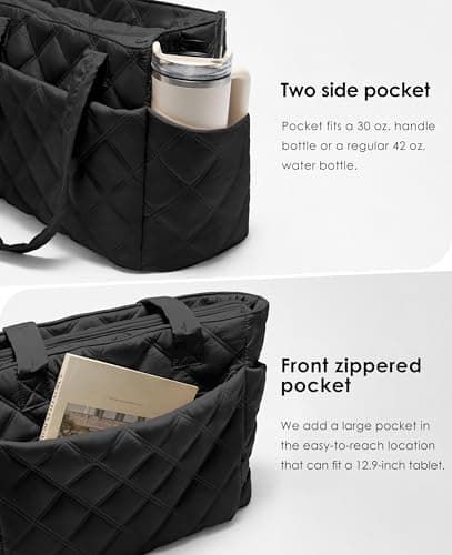 Uselike Tote Bag for Women, Lightweight Puffer Tote Work Bags with Compartments for Travel, Quilted Shoulder Bag with Zipper (Black) - Thumbnail 3