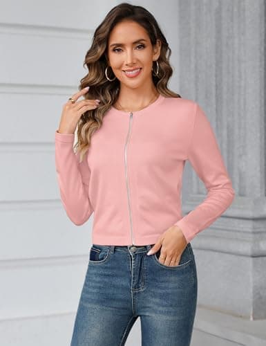 Totatuit Long Sleeve Zipper Up Sweatshirts for Women Lightweight Zip Front Cardigan Fashion Loose Knitted Sweater with Zipper Comfortable Fall Tops Casual Jacket for Travel Pink - Thumbnail 3