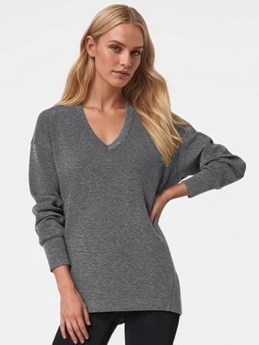 COCOMARTS Womens V Neck Sweatshirts Long Sleeve Casual Shirts Pullover Comfy Tunic Tops 2025 Fall Fashion Outfits Clothes Gray Small - Thumbnail 2