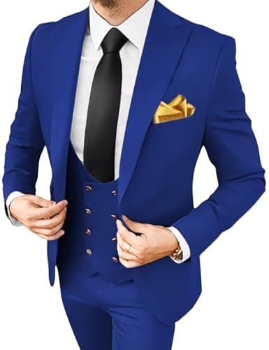 Bessmate 3 Pieces Men's Slim Fit Suit Double Breasted Wedding Suits for Men Blazer Prom Jackets Vests Pants Suits Royal Blue - Image 1