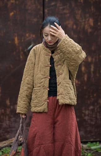 MOYUYUNJIAN Women's Diamond Shaped Jacket Short Cotton Linen Quilted Oversized Coat Button Retro Winter Bohemian Top (US, Alpha, One Size, Regular, Regular, Khaki) - Thumbnail 6