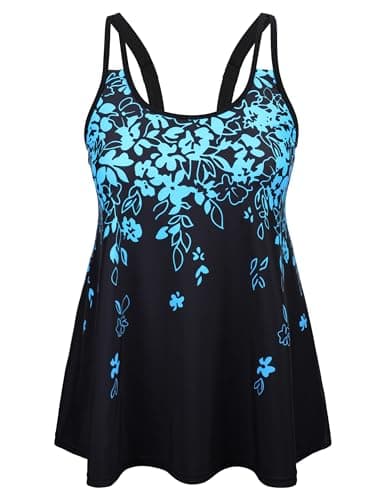 Hilor Women's Swimsuits Tankini Top Tummy Control Bathing Suit Tops Plus Size Swim Tops Only Falling Blue Flowers 2XL/US14-16 - Image 1