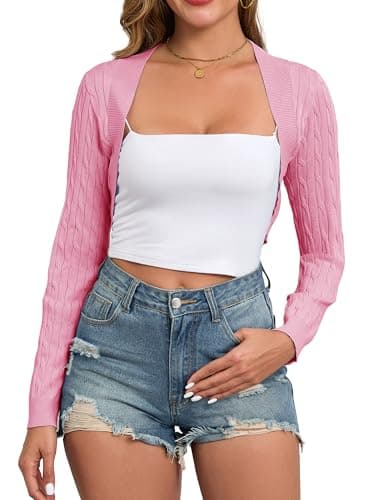 VIAURBE Summer Cardigans for Women Lightweight Long Sleeve Bolero Shrug Sweaters Open Front Cropped Cardigan for Dress Pink S - Image 1