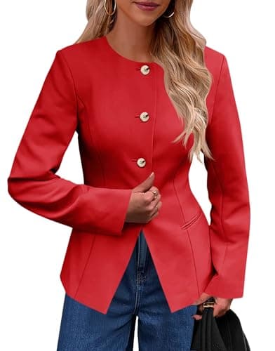 Cicy Bell Womens Business Casual Fitted Blazers Collarless Split Hem Work Office Button Down Suit Jackets Red - Image 1