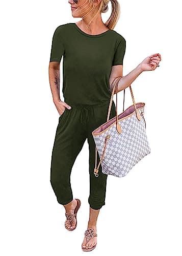 KIRUNDO Jumpsuits for Women Summer 2026 Casual Short Sleeve One Piece Outfits Drawstring Waist Long Pants Romper Jumpers(Army Green, Medium) - Image 1