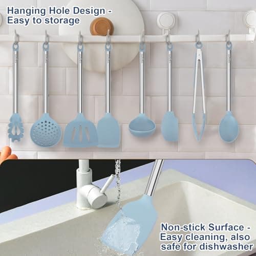 8PCS Kitchen Utensils Set, Vayvnt Heat Resistant Silicone Utensils Set for Cooking, Non Scratch Spatula Spoons for Non Stick Pan, Large Kitchen Cooking Tools, Metal Long Handle&Dishwasher Safe, Blue - Thumbnail 5