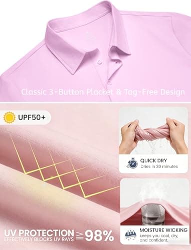 PINSPARK Mens Polo Shirt Moisture Wicking Golf Shirts for Men Performance Casual Collared Shirt Quick Dry Regular Fit Polos Pink - Thumbnail 4