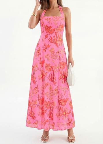 KIRUNDO Women's Summer Sleeveless Halter Floral Maxi Dress 2026 Beach Wedding Guest Cocktail Mesh Flowy A Line Long Sundress(Pink, Medium) - Thumbnail 5