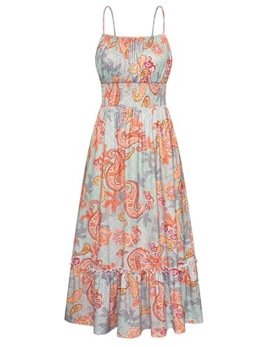 GRACE KARIN Summer Dresses for Women 2026 Vacation,Smocked Floral Maxi Dresses,Boho Beach Long Sundress BluePaisley Floral XL - Image 1