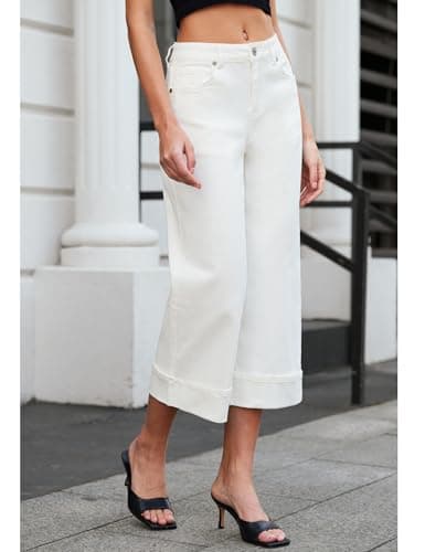 Vetinee Capris Jeans for Women Wide Leg High Waisted Trendy Fold Hem Summer Casual Stretchy Denim Jean Capri Pants Baggy Capris for Women Wide Legged Jeans Off White X-Large Fits Size 16-18 - Thumbnail 3