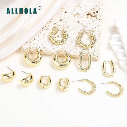 ALLHOLA 6 Pairs 14K Gold Plated Hoop Earrings for Women Trendy Chunky Lightweight Hoop Earrings Multipack Hypoallergenic, Thick Twisted Huggie Hoops Earring Set Jewelry for Gifts (14K Gold Plated) - Thumbnail 5