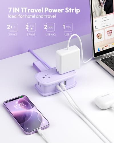 NTONPOWER Purple Travel Power Strip,Travel Essentials 4 Outlets 3 USB(1 C) with 4FT Wrapped Extension Cord Flat Plug, Cruise Essentials 2026 for Hotel Travel Cruise Essentials - Thumbnail 4