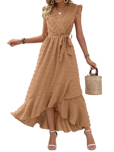 BTFBM Women V Neck Summer Dress 2025 Cap Sleeve Swiss Dot Boho Flowy Ruffle Slit Beach Party Long Maxi Cocktail Dresses(Khaki, Large) - Image 1