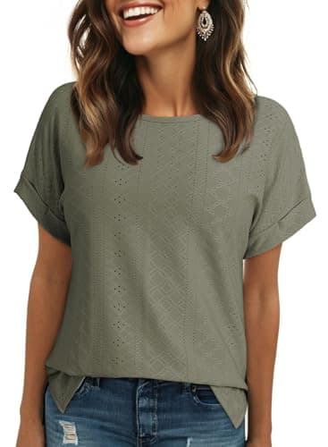 Dokotoo Tops for Women Trendy 2026 Dressy Casual Boat Neck Loose Fit Short Sleeve Hollow Out Lace Embroidered Summer Blouses Shirts Business Outfits Ladies Tops (Deep Green,X-Large) - Image 1