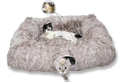 XxingSheep 4 Cave Shuttled XL Cat Tunnel Bed for Indoor Cats Peekaboo Toy Donut with Warm Mat, Yellow-Brown - Image 1