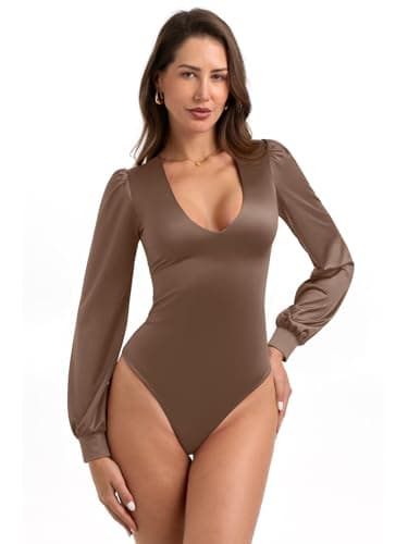 PINKMSTYLE Sexy Satin Silk Plunge V Neck Long Sleeve Bodysuits For Women Date Night Going Out Top Brown XX-Large - Image 1