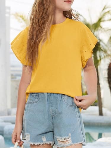 Girls Ruffle Sleeve Shirts Butterfly Sleeve Blouse Summer Eyelet Cute T-Shirt Crewneck Tee Tops for Girls 4-15 Yellow - Thumbnail 4