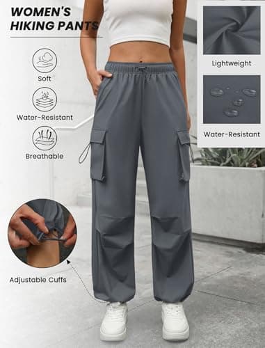 COPYLEAF Parachute Cargo Pants Women Elastic Waisted Quick Dry Lightweight Baggy Hiking Pants with Pockets Water Resistant(Grey S) - Thumbnail 5