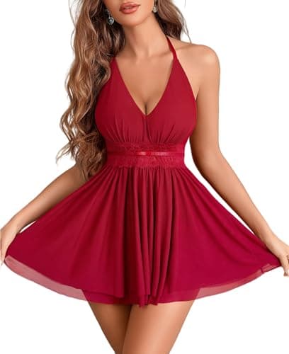 Avidlove Sexy Halter Lingerie for Women Lace Babydoll Chemise Sheer Mesh Nighty Nightwear Wine Red Small - Image 1
