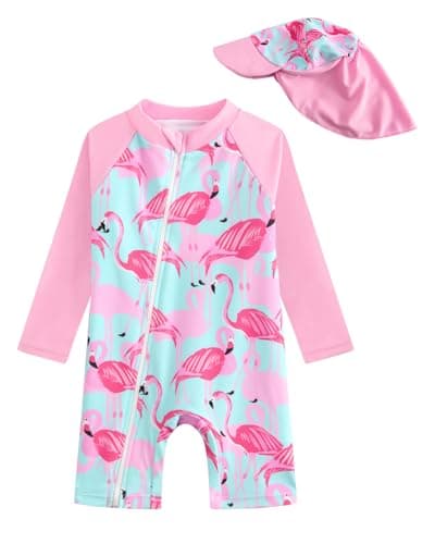 DivingBirds Baby Girl Long Sleeve Swimsuit with Sun Hat - Toddler One Piece Rash Guard Bathing Suit Zip,Pink Flamingo,9-12 Months - Image 1