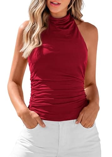 KIRUNDO Tank Tops for Women 2026 Dressy Halter Cowl Neck Backless Summer Clothes Casual Fitted Going Out Mesh Beach Outfits(Red, Large)