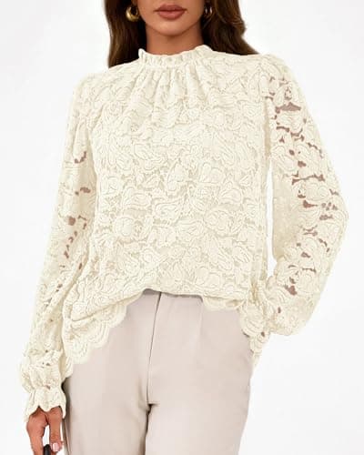 KIRUNDO Blouses for Women Dressy Casual Lace Long Sleeve Tops Mock Neck Ruffle Shirts 2026 Spring Fall Fashion Clothing(Apricot, Small) - Thumbnail 4