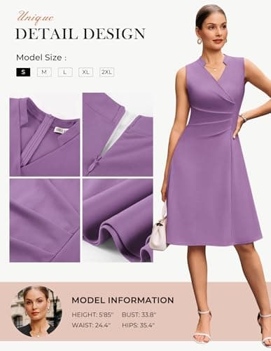 GRACE KARIN Women 2026 Summer Work Dress Sleeveless V Neck Elegant Midi Dresses A Line Ruched Waist Business Dresses Lavender Purple 2XL - Thumbnail 4