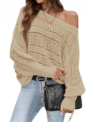 Saodimallsu Womens Off The Shoulder Sweaters Fall 2025 Oversized Knit Batwing Long Sleeve Crochet Pullover Sweater Tops Khaki - Image 1