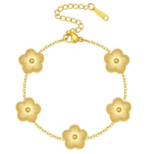 Fimhut Easter Basket Stuffers18K Gold Plated Clover Bracelet Adjustable Bracelets Hypoallergenic Jewelry Lucky Flower Cute Link Bracelets Jewelry Gifts for Women - Image 1