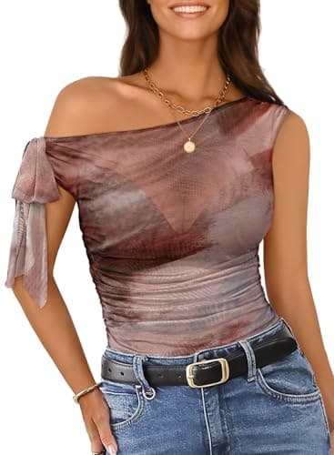 Pink Queen Off The Shoulder Tops for Women Short Sleeve Sheer Mesh Tie Dye Rave Tops Tee Shirt Blouse Night Out Apricot XL - Image 1