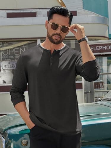 Hardaddy Men's Long Sleeve Henley Shirts Casual Color Block Henley Button T-Shirt Tops Black M - Thumbnail 5