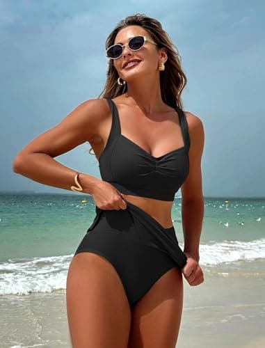 ZAFUL Womens High Waisted Bikini Sets Modest Tummy Control Bathing Suit 2 Piece Push Up Sporty Slimming Swim Skirt Dress Swimwear Black L - Thumbnail 5