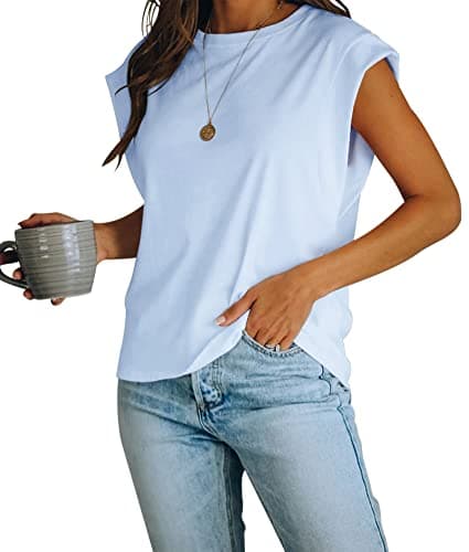 Women's Cap Sleeve Tank Top Crew Neck T Shirts Loose Fit Basic Summer Casual Tee Tops Light Blue - Image 1