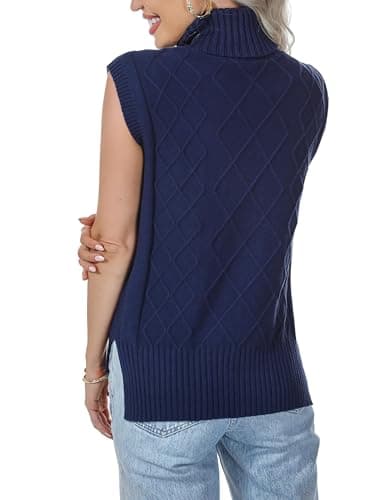 Totatuit Women Vintage Sleeveless Turtle Neck Knit Sweater Vest Cap Sleeve Loose Fit Trendy Casual Tank Top(Navy Blue, Small) - Thumbnail 2
