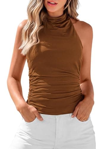 KIRUNDO Tank Tops for Women 2026 Dressy Halter Cowl Neck Backless Summer Clothes Casual Fitted Going Out Mesh Beach Outfits(Brown, X-Small) - Image 1