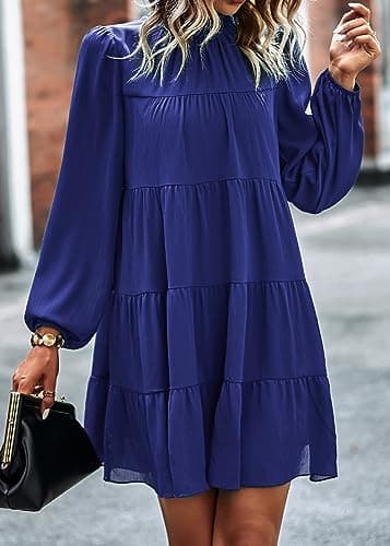 KIRUNDO Long Sleeve Baby Doll Dresses Women 2026 Casual Spring Summer Ruffle Mock Neck Tiered Mini Flowy Swing Shift Dress(Blue, Large) - Thumbnail 3
