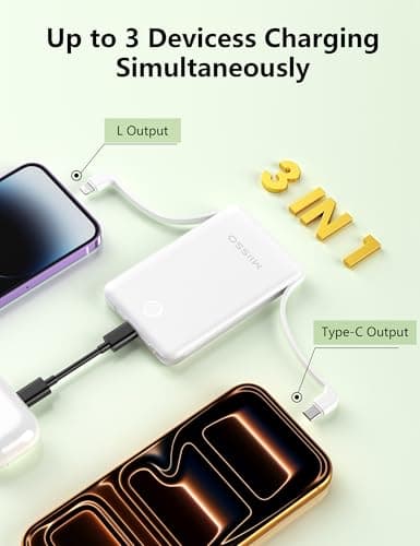 miisso 10000mAh Mini Portable Charger with Built in Cable, Pocket Size Power Bank Travel External Battery Pack for Phone, 3 Output USB Type C Cord Clutch Compatible with iPhone, Samsung, White - Thumbnail 4