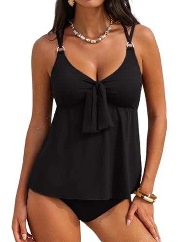 Aleumdr Women's Tankini Swimsuits Tummy Control Two Piece Bathing Suit V Neck Tie Front Flowy Swim Top with Bottom Black XX-Large - Image 1