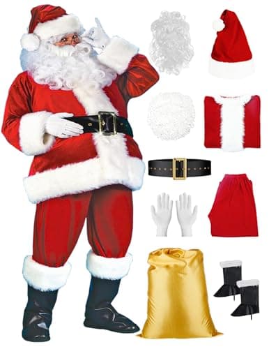 DressVoguer Santa Claus Costume for Men 9-Piece - Deluxe Santa Suit with Hat, Christmas Party Costume for Men Adult Santa Outfit XL - Image 1