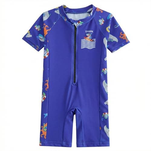 DivingBirds Toddler Boy Rash Guard Swimsuit Short Sleeve,Baby Boy One Piece Swimwear Sun Protection Bathing Suit,Blue Shark,2-3T - Image 1