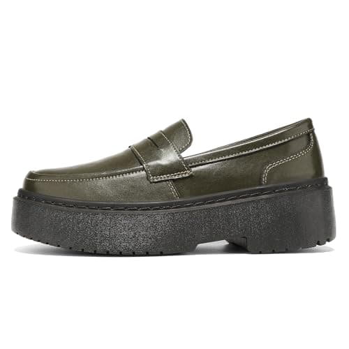 BEAUSEEN Women's Platform Chunky Penny Loafers Comfortable Lug Sole Slip-On Business Work Casual Dressy Shoes Olive, 7 US - Thumbnail 3