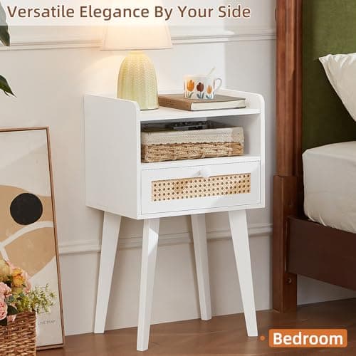 Lerliuo Rattan White Night Stand with Drawer Open Shelf, Cane Accent Nightstand Bed Side End Table with Solid Wood Legs, Boho Nightstands Bedside Tables for Bedroom Living Room Dorm and Small Spaces - Thumbnail 6