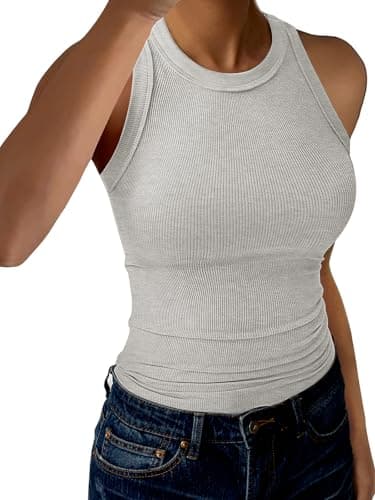 GKBK Racerback Tank Tops for Women High Neck Ribbed Sleeveless Fashion 2026 Summer Casual Basic Slim Fit Top Shirts Light Grey XXL - Image 1