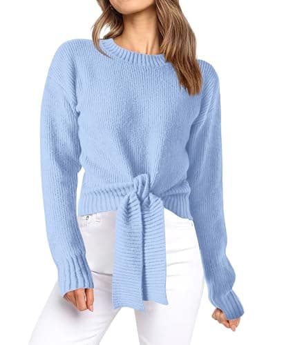 Okiwam Women's Long Sleeve Cropped Sweaters Casual Knit Pullover Tie Front Crew Neck Fall Outfits Spring Fashion Clothes 2026-L Light Blue - Image 1