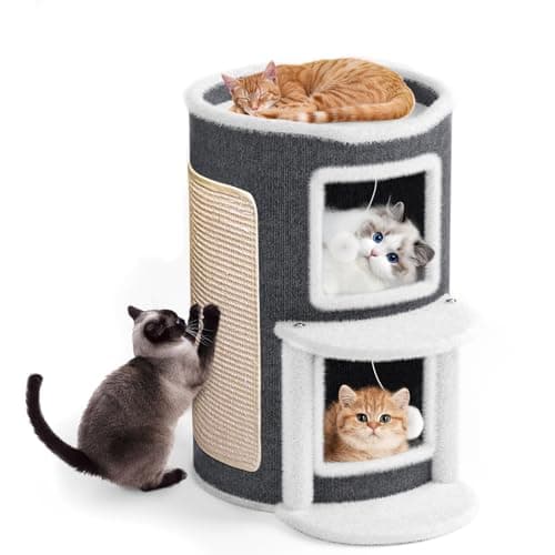 Rukuapid 2-Storey Cat Beds for Indoor Cats House, Covered Beds & Furniture with Scratch Pad, Cat Hideaway Cave, Condo with Dangling Fluffy Balls for Multiple Kitten, Grey 15.75X15.75 X 35.43 INCH - Image 1